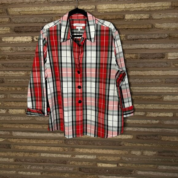 Foxcroft Shaped Fit Red Tartan Plaid Shirt Cuffed Sleeves Size 18 - Picture 8 of 9